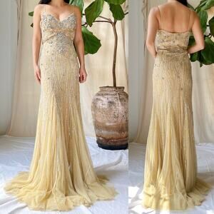 Dolce Jovani Gold Crystal Embellished Gown Fitted Spaghetti Straps Size 8 Nude